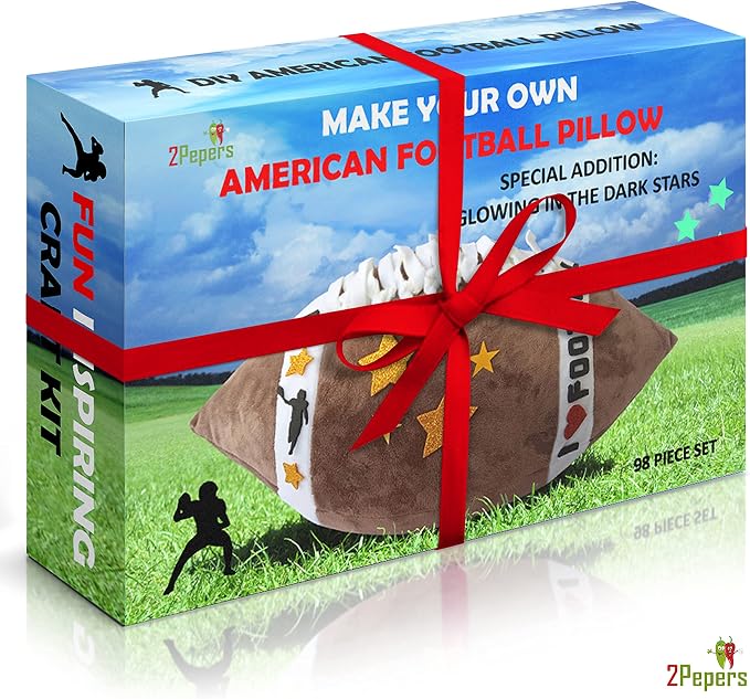 2Pepers Make Your Own American Football Pillow, Football Gifts for Boys and Girls Ages 3 4 5 6 7 8 9 10 Years and Up, DIY Arts and Crafts Kit for Kids, Sports Present, Boys Toys
