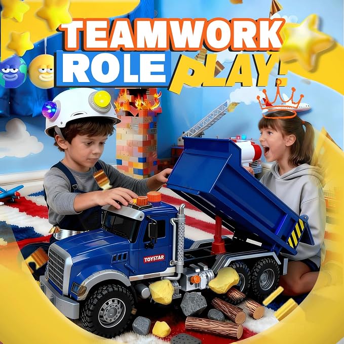 SMILESSKIDDO Dump Truck Toy - 1:12 Large Friction Powered Truck with Air Pump Function, Lights & Sounds, Boy Toys Age 3, Birthday Gift for 3 4 5 6 7 8 Years Old Boys Girls, Toys for Kids 3-5