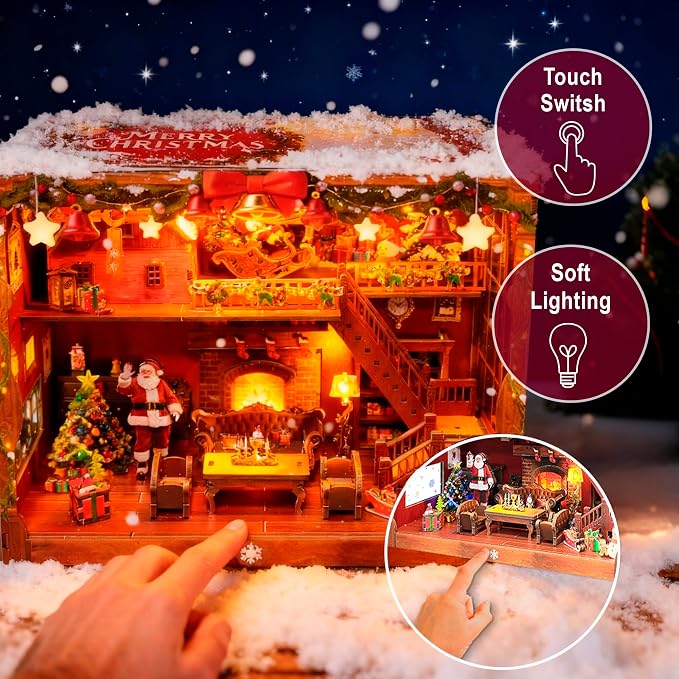 DIY Miniature House, LED Lighting Book Nook Kit Dollhouse Kit,Music Box Dollhouse, 3D Wooden Puzzle with Dust Cover,Gifts for Family, Friends,Christmas(Christmas Carnival)