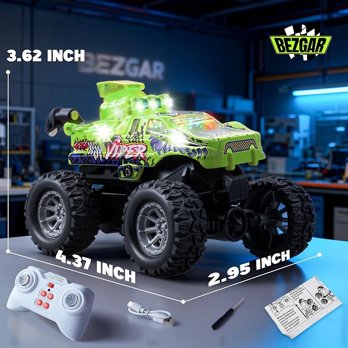 BEZGAR Monster Truck Toys - 2.4GHz 1:64 Remote Control Car with Colorful Lights, 360° Spins, Metal Shell - Remote Control Monster Truck for Boys Girls Age 6, 7, 8, 9, 10 Years Old(Green)