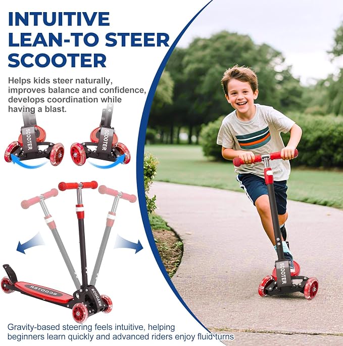 3 Wheel Scooter for Kids Ages 3-12, LED Light-Up Kids Kick Scooter–Portable Foldable, Adjustable Height, Durable Metal Construction, 6" Extra Wide Deck for Outdoor Activities,Child Safety Certified