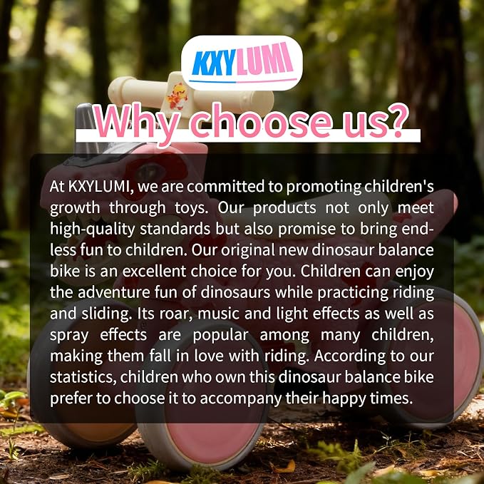 Dinosaur Balance Bike for 1-3 Year Olds, 4-Wheel No-Pedal Bike for Walker, Ride on Toys for Toddlers with Music and Mist Spray, First Birthday Gift for Boys & Girls (Pink)