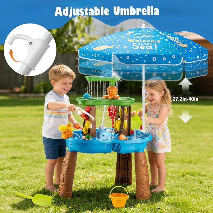 Water Table for Toddlers 3-5 with Umbrella Outdoor Toys for Kids Ages 4-8 Kids Sand Water Table with Fishing Game Set Activity Sensory Table with Water Pump Summer Gift for Kids