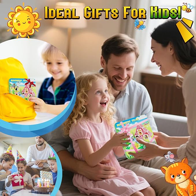 48pcs Mini Magnetic Tiles – Farm Animal Building Blocks Set in Iron Box, Portable STEM Travel Toys for Toddlers, Quiet On-the-Go Activities & Preschool Learning for Kids