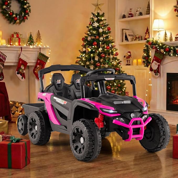 Costzon Kids Ride On UTV Car with Detachable Trailer, 12V Battery Powered Electric Vehicle with Remote Control, 3 Speeds, LED Lights, Music, Horn, Off-Road UTV for Boys & Girls (with Trailer,Pink)