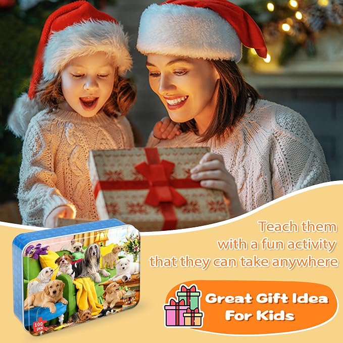 LELEMON Puzzles for Kids Ages 4-6,Playful Dog 100 Piece Puzzles for Kids Ages 6-8 in a Metal Box,Educational Jigsaw Puzzles,Childrens 100 Piece Puzzle Games Puzzle Toys for Girls and Boys