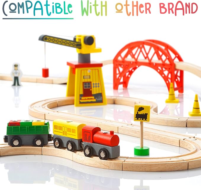 KipiPol Wooden Train Sets for Boys 2-4-7 – 38 Pcs Wood Train Set for Toddlers w/Crane, Bridge & Wooden Train Tracks – Train Toys for 3 Year Old Boys & Girls – Fits Thomas Brio IKEA Melissa and Doug