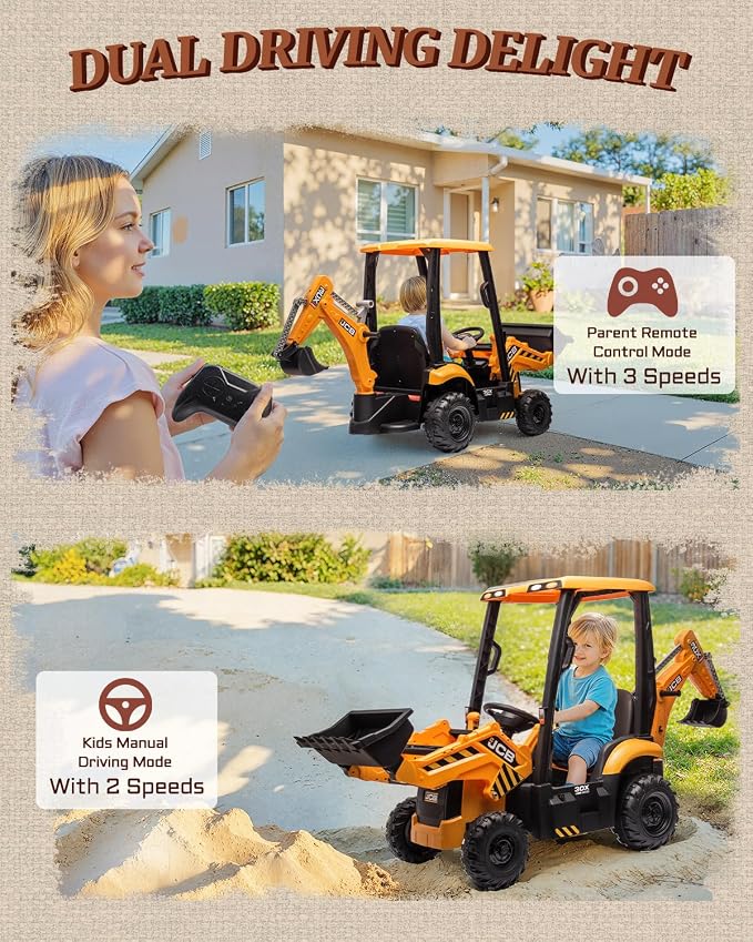 First Ride On JCB 12V Ride on Excavator for Kids with Remote Control, 3-in-1 Excavator, Bulldozer & Backhoe Ride on Toy, Kids Electric Construction Car with Reversible Seat, Canopy & Seat Belt (12V)