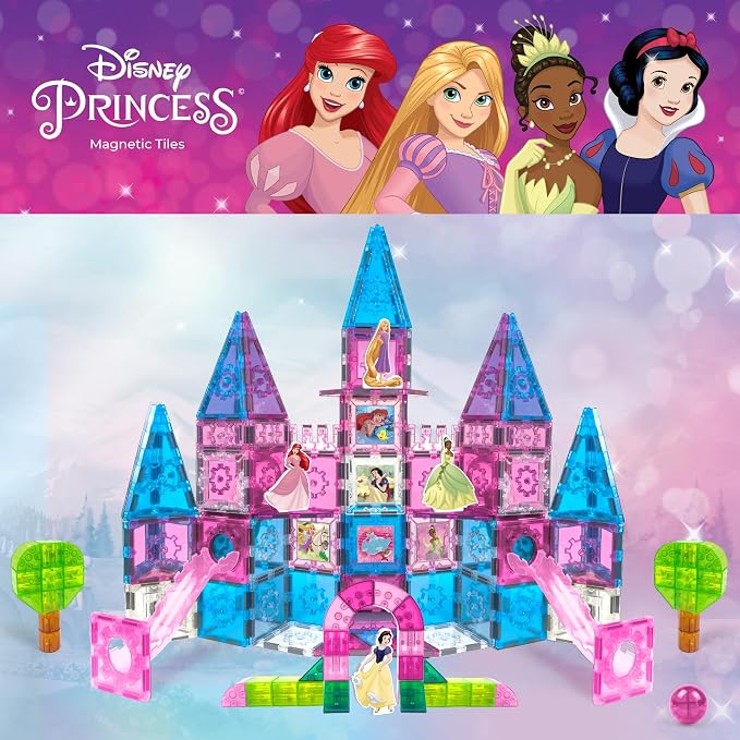 Disney Princess Toys Magnetic Tiles Castle Set - 172-Piece STEM Building Toy with Ariel, Moana, Snow White, Tiana & Rapunzel Characters, Marble Run Slides, Disney Toys for Girls Ages 3+