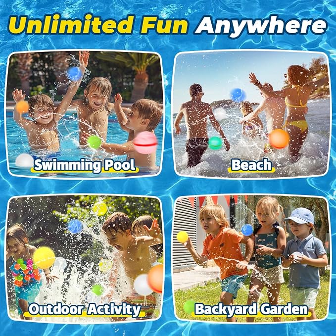 12 Pack Reusable Water Balloons for Kids, Magnetic Self-Sealing Water Balls, Refillable Silicone Pool Toys for Summer Outdoor Games, Ages 3+