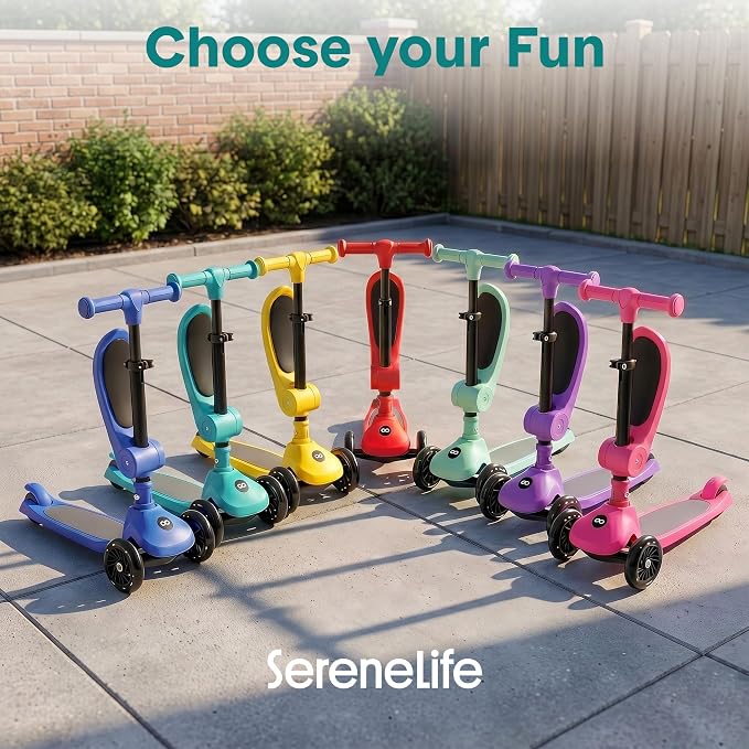 SereneLife 3 Wheel Scooter for Toddlers & Kids, Foldable Seat, LED Wheels, Adjustable Handlebar, Anti-Slip Deck, Rear Foot Brake, Lean-to-Steer, Kid Scooter, Supports up to 110 lbs (Red)