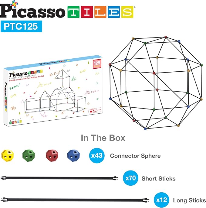 PicassoTiles Kids Fort Building Kit Playset 125 Piece Indoor and Outdoor Toy Set Fort Construction Builders Blocks Toys for Kids Boys Girls STEM Learning Castle System Tunnel Tent Rocket Pretend Play