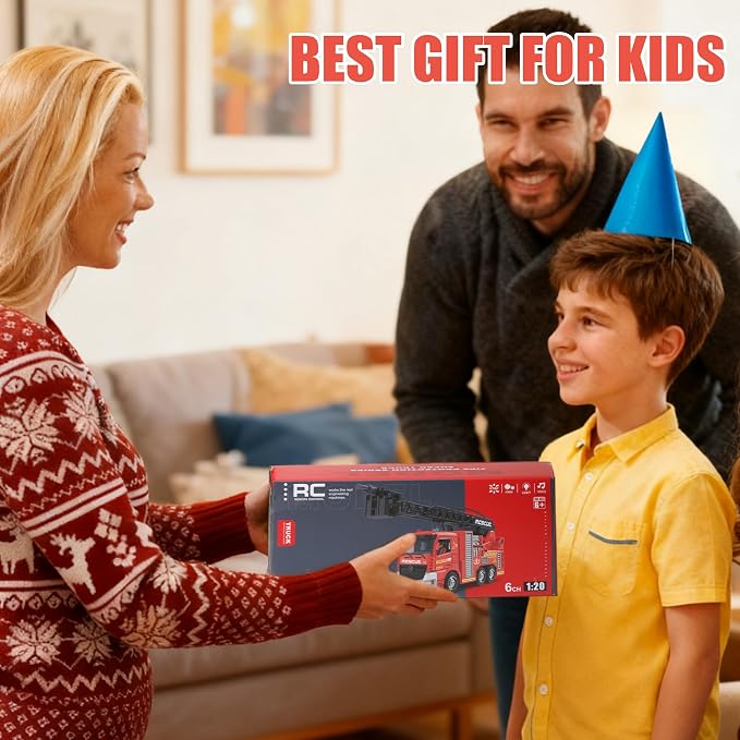 MQDMINI Remote Control Fire Truck Toy - Fireman Fire Truck with Jet Pump and Lights, Red Toy for 3 Year Old Boys, Girls and Toddlers