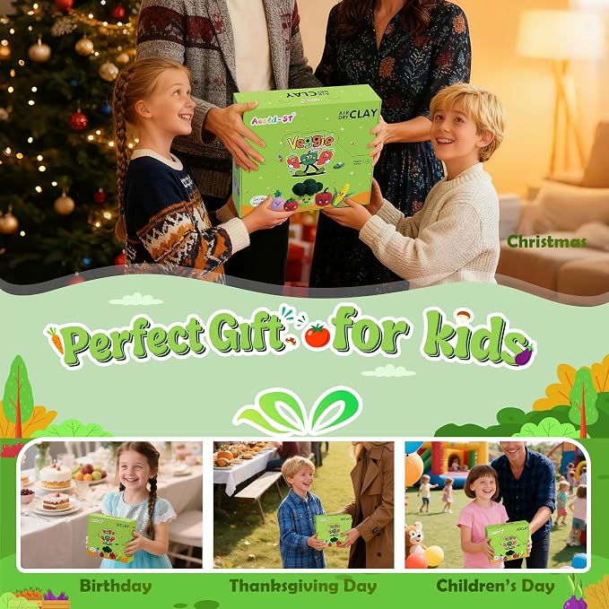 Air Dry Clay Kit - Vegetable Theme, Modeling Clay for Kids, DIY Magic Clay with Tools and Tutorials, 12 Boxes Molding Clay, Ultra Light, Soft & Non-Sticky, Arts and Crafts Gift for Kids