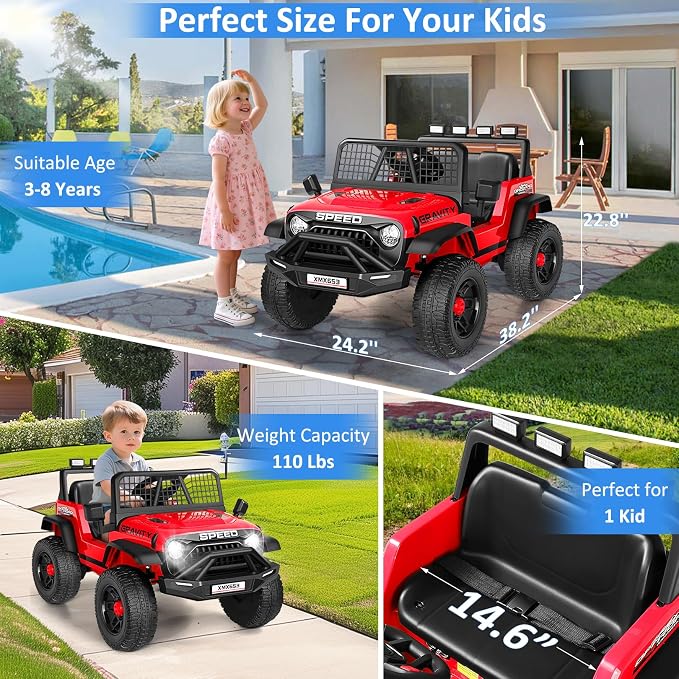 Hikole 24V Ride On Toys for Big Kids, 24V Power Wheels Truck with Remote Control, 3 Speed, Bluetooth, Music, Soft Start, Spring Suspension, LED Light, Electric Cars for Kids Boys Girls 3-5, Red