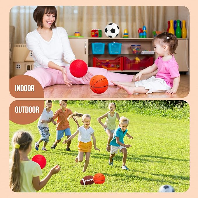 Soft Balls for Toddlers 1-3 3-5, Easy to Grip Toddler Toys 4 Pack 5" Small Balls & Pump - Mini Football Soccer Basketball Dodgeball - First Birthday Gift Baby Toys for Babies Boys Girls