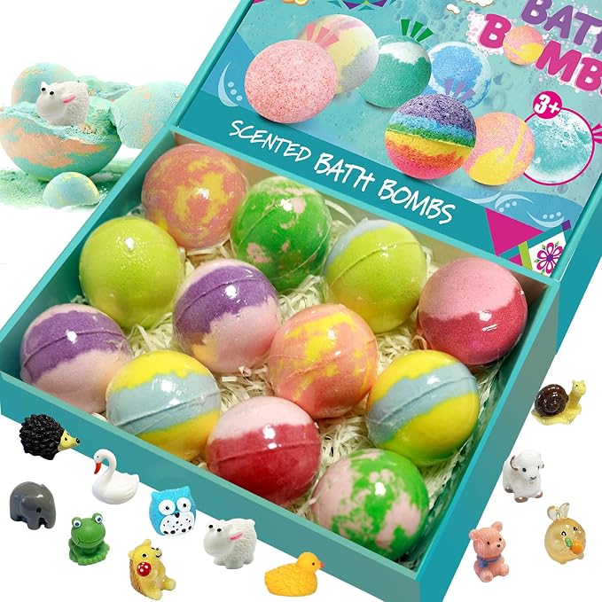 Bath Bombs for Kids with Surprise Inside, 12pcs Bath Bombs with Toys, Organic Colorful Bubble Bath Fizzy Ball, Birthday Gifts Set for Kids, Christmas Party Favor Gift for Boys Girls with Bath Toys