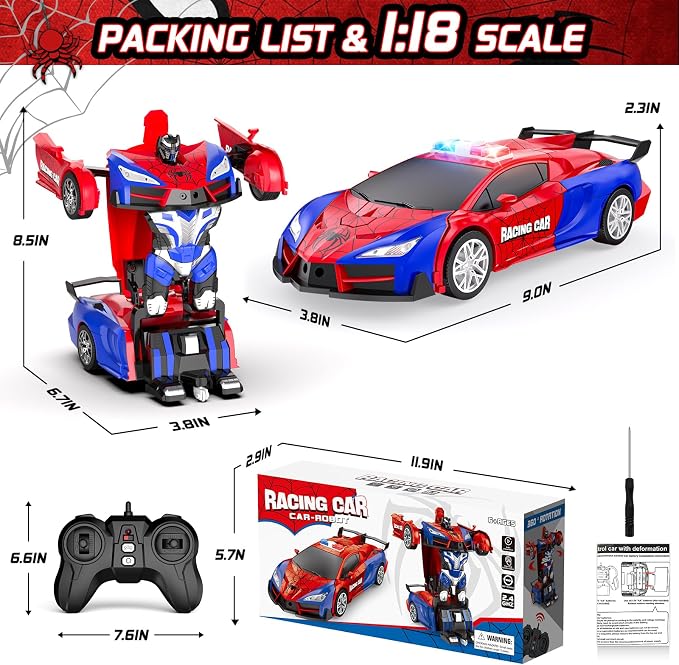 Remote Control Car with One Button Transformation, RC Cars Transforming into Robot, 2.4Ghz 360 Degree Rotation Police Car with Light, 1:18 Scale Transform Toys for Boys Girls Kids 4-7 8-12 6-8