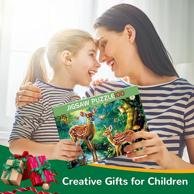 Puzzles for Kids Ages 4-8, 100 Piece Puzzles Kids Ages 4-6 6-8 8-10 Deer Animal Jigsaw Puzzle Toys Educational Puzzle Floor Birthday Gifts for Girls and Boys