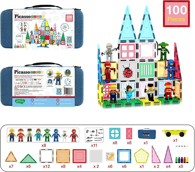 PicassoTiles 100PC Magnetic Tiles Construction Building with Carrying Case Included Block Set with Car, 8 Sets of Characters and Base Whiteboard Marker Playset Toy Kit for Boys & Girls Ages 3+ PB01