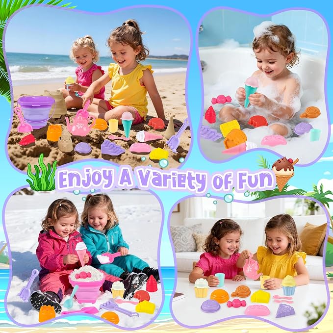 REZUCREY Collapsible Beach Toys for Toddlers, Sand Bucket and Shovels Set, Ice Cream Tea Set Travel Sand Toys for Beach & Mesh Bag, Castle Essentials Toy for Toddlers Kids Boys Girls Age 3-10