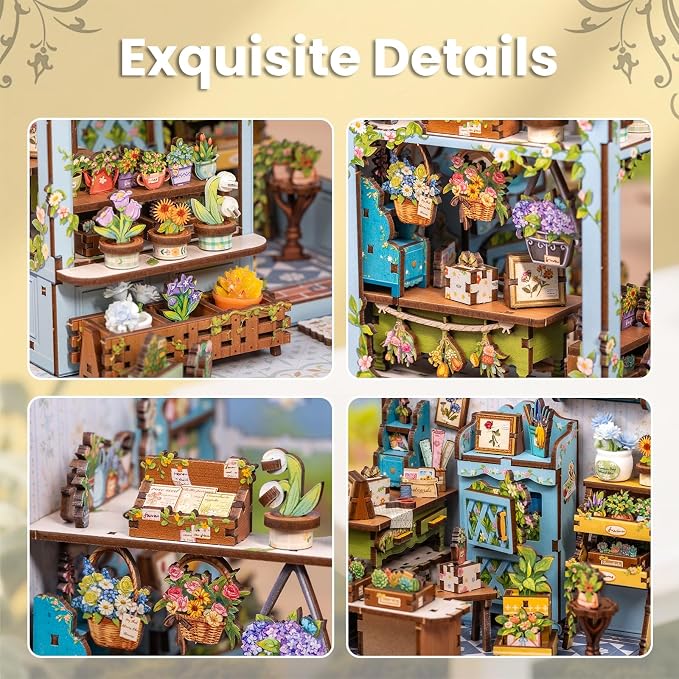 Fsolis Book Nook Kit - DIY Scene Miniature Kit for Adults, Booknook 3D Puzzles 255PCS, Tiny House Mini Flower Shop Model Bookshelf Trinkets, Gifts for Women Puzzle Lovers (Anna's Blue Blossom)