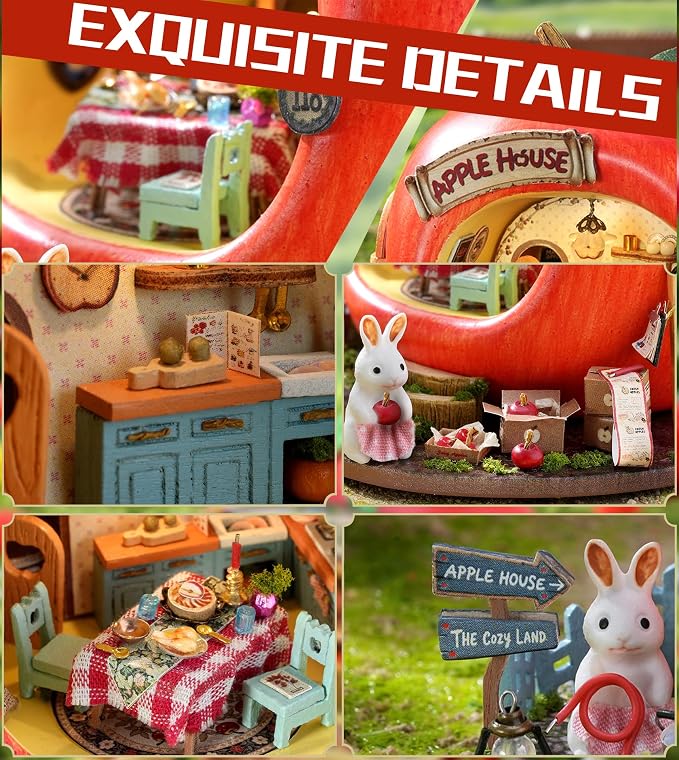 Roroom DIY Miniature House Kit, Rabbit Apple House Book Nook Kit with LED Light,3D Wooden Puzzle Miniature Dollhouse Kit for Bookshelf Decor-Creative Crafts for Family and Friends
