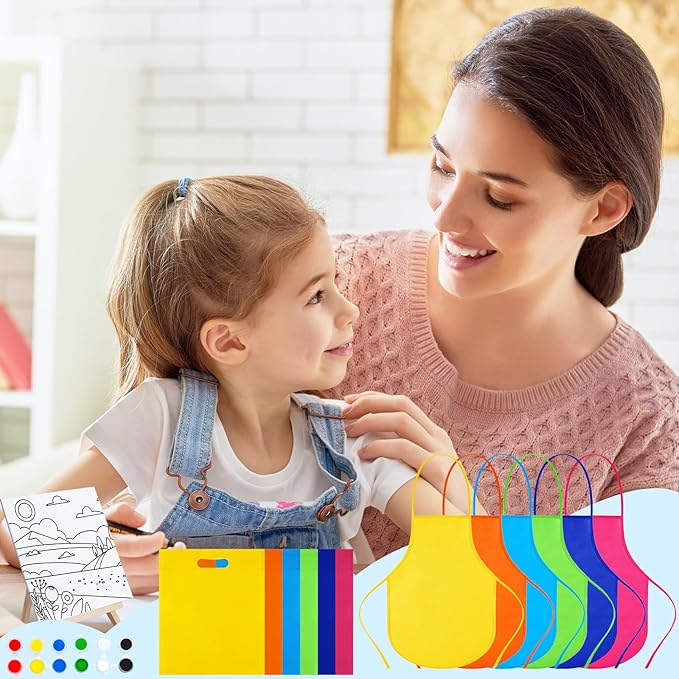 Tenceur 48 Pcs Kids Paint Party Favors Sets with 12 Pcs Animals Pre Drawn Canvas Panel and Wooden Easel Set Paint Pots and Brushes 12 Mini Apron and Tote Bag for Kids Boys Student Girls