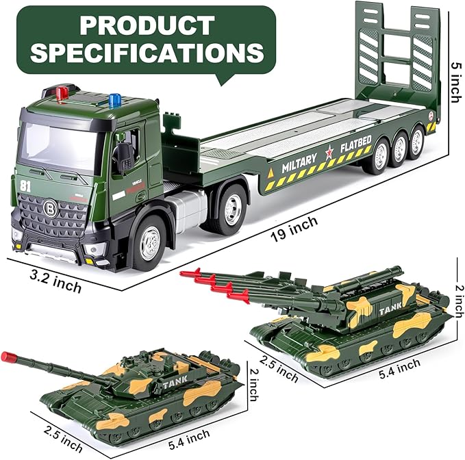 HAPYAD Green Military Big Truck Set Metal Cab, Semi Truck with Trailer, Tank, Missile Tank, Die-cast Army Vehicles Toys with Lights & Sounds, Ideal Gift for 3 4 5 6 7 Years Old Boys Kids Toddlers