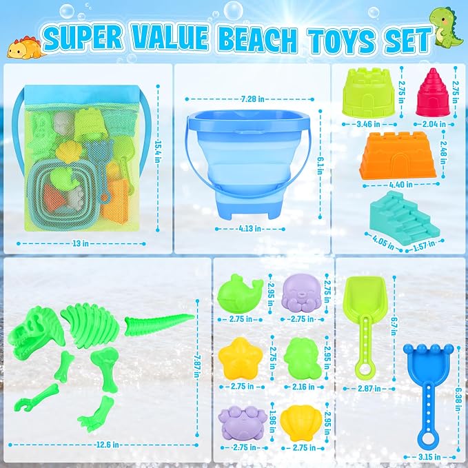 ERHAlCAT Beach Sand Toys, Dinosaur Fossil Molds, Sandbox Toys with Collapsible Bucket, Sand Castle Building Kit, Shovel, Rake and Mesh Bag, Outdoor Summer Travel Toys for Kids Ages 3-12