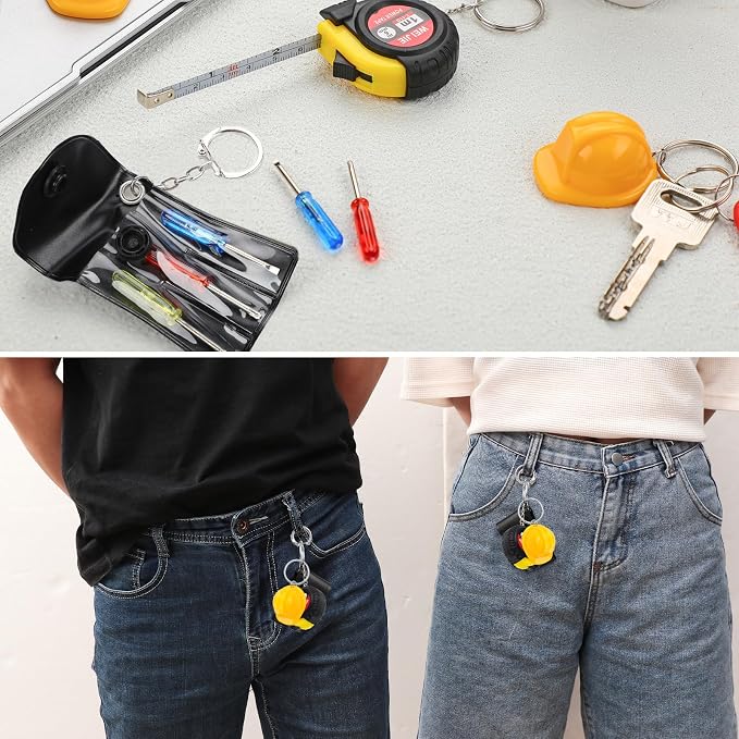 Jutom 9 Pcs Mini Construction Helmet Keychains Tape Screwdrivers Tool Adult Men Gifts Bulk for Easter Egg Stuffers Father's Day Construction Party Favors Gifts