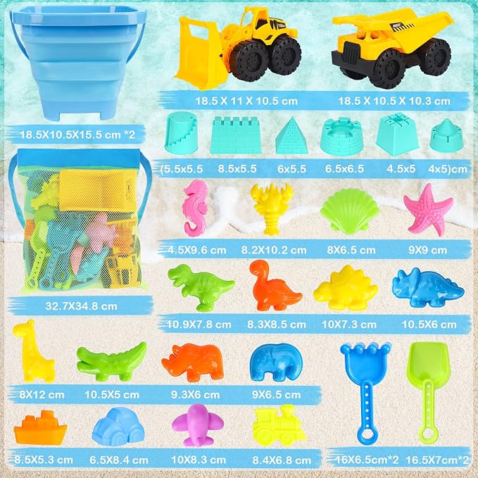 FHOZGECY Beach Sand Toys, 2 Construction Vehicles, 2 Collapsible Buckets, Sand Castle Molds with Travel Mesh Bag, Sandbox Play Set for Kids Ages 3-12, Multi‑Scene Play for Outdoor Summer Beach Games