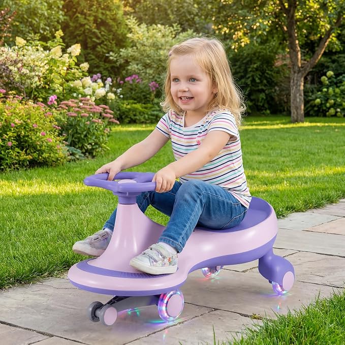BABY JOY Wiggle Car for Kids, Swing Car with LED Flashing Wheels, No Batteries, Gears or Pedals, Uses Twist, Turn, Wiggle Movement to Steer, Ride-on Toy for Boys Girls 3 Year Old and Up (Purple)