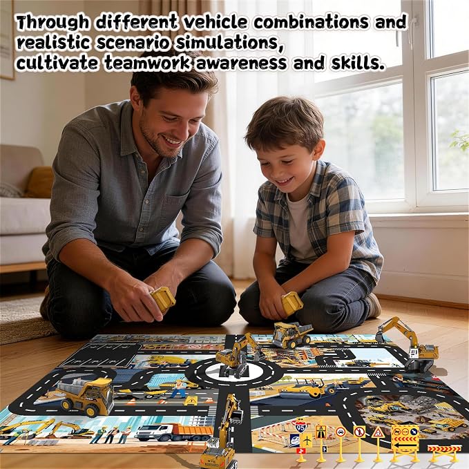 2 PCS Mini Remote Control Construction Vehicle Toy Set 1:64 Excavator and Dump Truck Toy Set with Lights Sounds & Traffic Sign & Construction Site Map Movable Parts GIFS for Kids & Adults