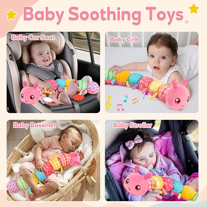 Baby Girl Toys 0-6 Months Musical Stuffed Caterpillar Pink Toys for Infant 0-3 3-6 Month Tummy Time Sensory Newborn Toys with Mirror Crinkle Rattle for 2 3 4 5 6-12 Month Old Babies Girl Shower Gifts