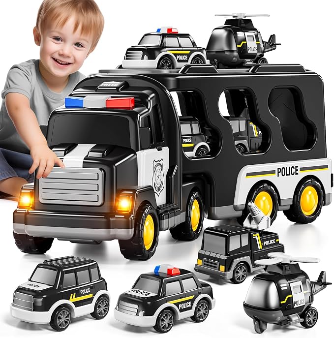JUKUDAHU Police Truck Toy for 3 4 5 6 Years Old Boys - Carrier Vehicle Toy Set with 3 Small Cars and 1 Helicopter, Kids Firction Powered Car for Age 3-9, Gifts for Boys and Girls