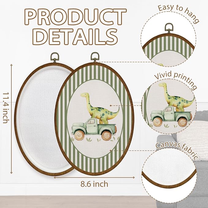 WULQYING Boy Nursery Dinosaur Truck Wall Art Decor, Kids Playroom Oval Framed Canvas Art Prints, Green Striped Dino Truck Wall Hanging Decor for Kids Toddler Boy Room Bedroom Playroom, 8.6x11.4 Inches