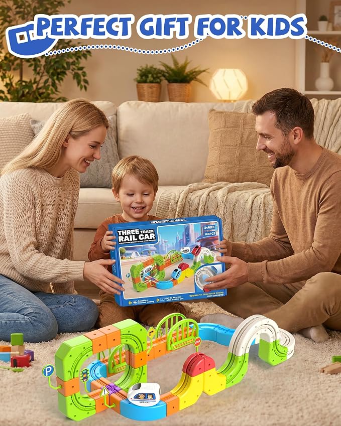 Electric Train Set for Kids 3 4 5 6 7 8, Magic Rail Block Flexible Race Track Railway Set, DIY Assembled 3D STEM Car Track Train Toys for Toddlers 3-5, Birthday Gift for Boys Girls(145 Pcs)