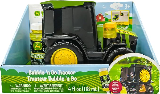 John Deere Bubble N Go Tractor, Battery Powered Bubble Blowing Toy with Real Headlights and Smart Motion Sensors