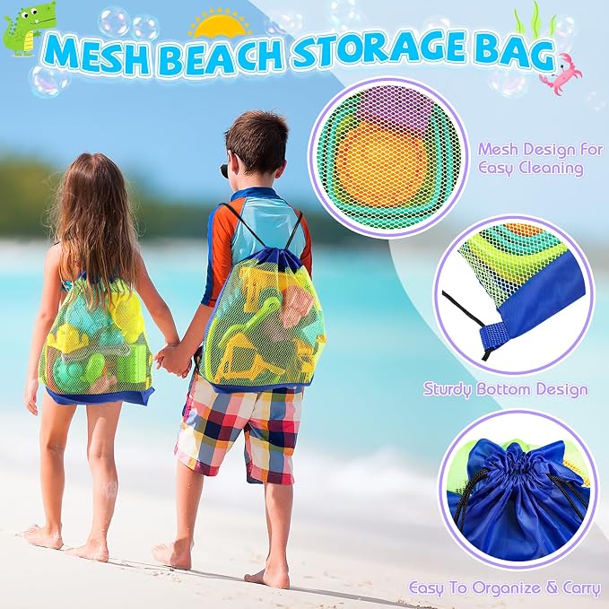 FHOZGECY Beach Sand Toys, 4 Construction Vehicles, 4 Collapsible Buckets, Sand Castle Molds with Travel Mesh Bags, Sandbox Play Set for Kids Ages 3-12, Multi‑Scene Play for Outdoor Summer Beach Games
