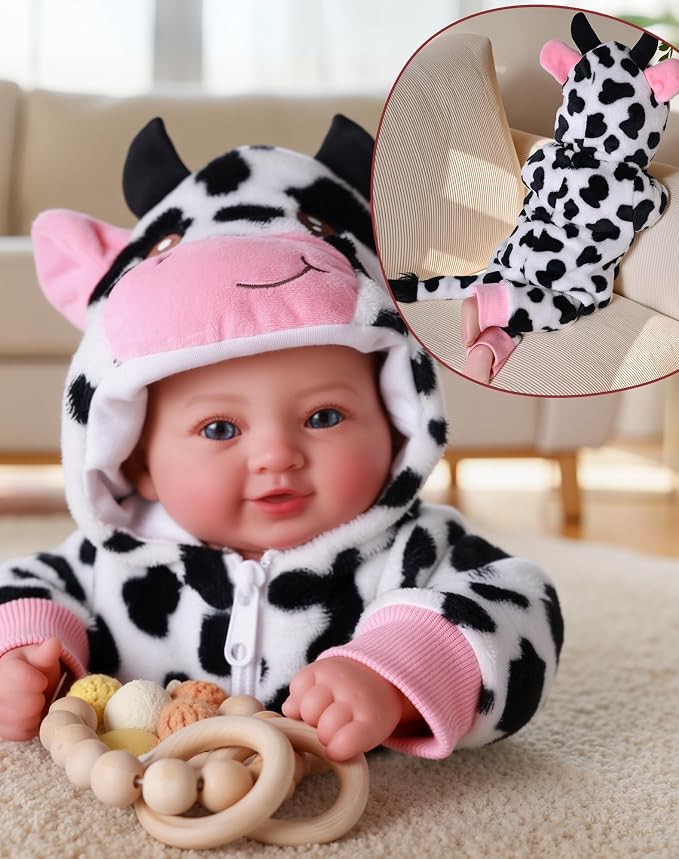 BABESIDE Baby Doll Girl - 17-Inch Soft Body Realistic Baby Doll with Blue Eyes and Cow Outfit Lightweight Real Life Baby Dolls for 3+ 4 5 6 7 8 9 Years Girl Birthday Gifts, Pretend Play and Christmas