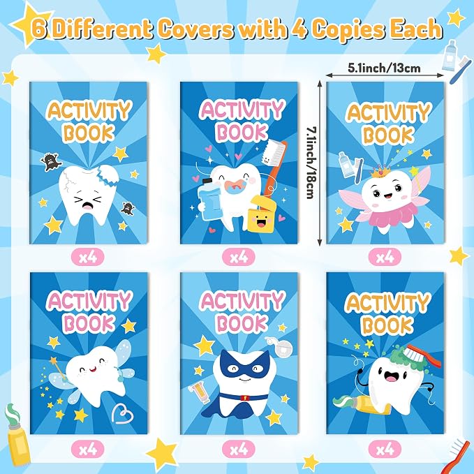 Tooth Activity Books with 24 Stacking Crayons for Kids - 24 Pack Tooth Fairy Mini Game and Coloring Book Set, Bulk Teeth Themed Activity Booklets for Classroom Rewards Party Favors DIY Art Gifts