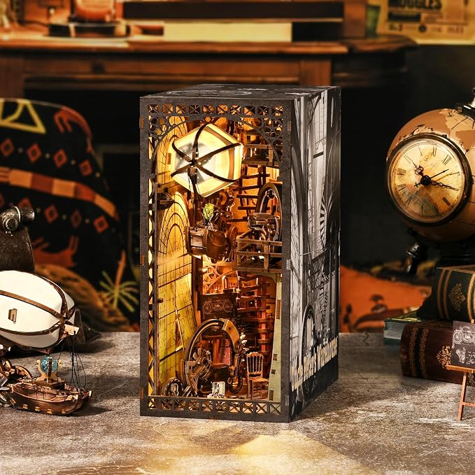 TOYQI Book Nook Kit, Book Nook Kits for Adults | DIY Miniature Dollhouse Kit 3D Wooden Puzzle Booknook Bookend with LED Light