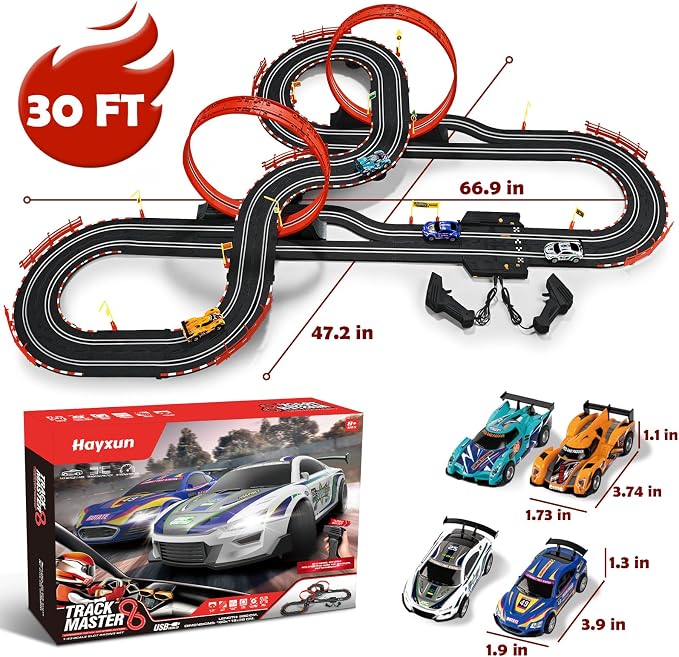 30 FT Slot Car Race Tracks Sets Toys for Ages 8-10 -1:43 Dual Race Car Track with 4 Slot Cars, 2 Hand Controllers, Christmas, Birthday Gift Toys for Ages 8-13