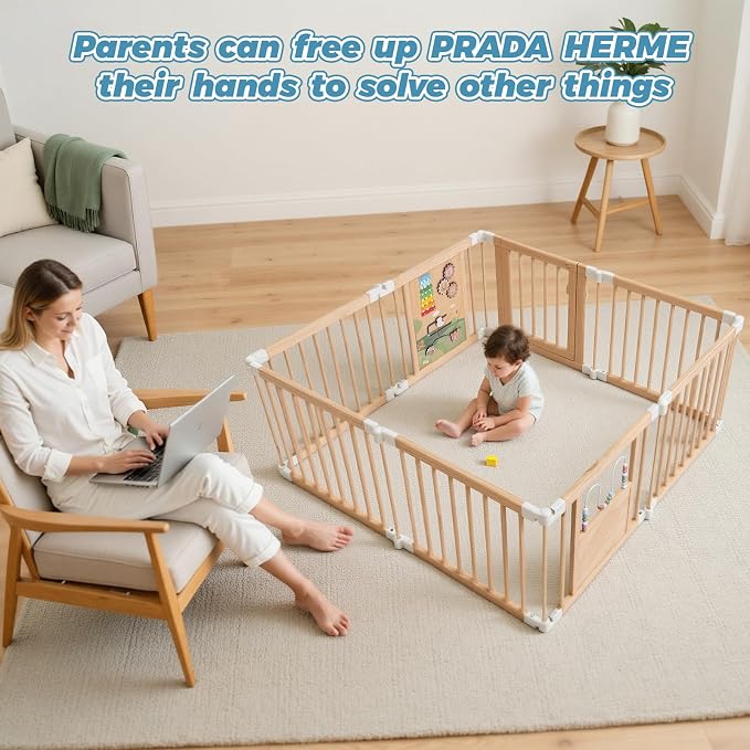 Foldable Wooden Baby Playpen with Mat, Play Yard (56 * 56 * 25 Inch) | Activity Center with Gate, Thickened Wood Adjustable, Easy to Assemble, Birthday Gift for Toddlers