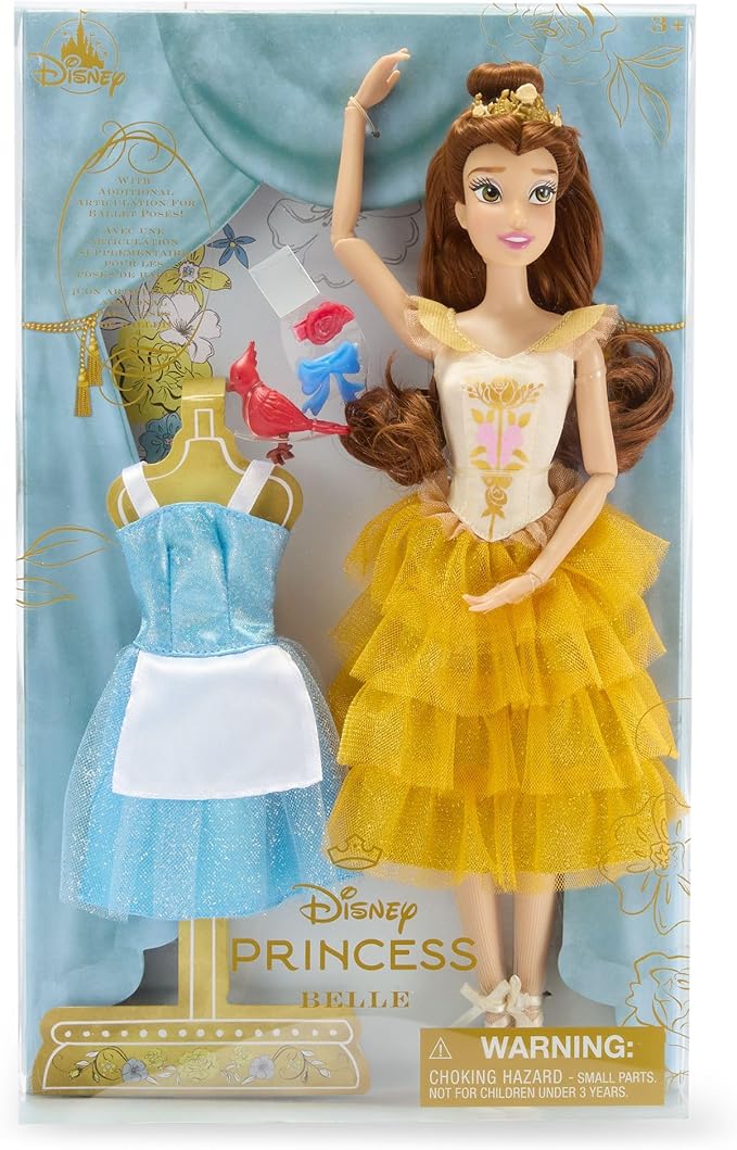 Disney Store Official Princess Ballet Doll - 11 Inch Belle Ballerina Doll - Includes Molded Hair Clips, 2 Tutu Outfits, Accessories and Robin Figure - Disney Princess Toys for Girls