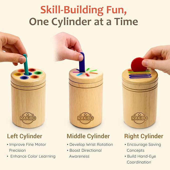 Montessori Color Sorting Toy for Toddlers - 3-in-1 Wooden Fine Motor Set with 3 Interchangeable Lids, Sticks & Discs - Beechwood, Non-Toxic, Ages 18 Months to 4 Years - Gift-Ready Window Box