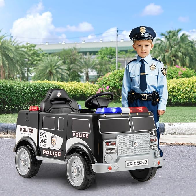 Costzon Ride on Police Car, 12V Battery Powered Electric Cop Cars for Kids w/3 Speeds, Megaphone, Music, FM Radio, Flashing Lights, Sirens, Ride on Toy w/Remote Control for Boys Girls 3+(Police Truck)