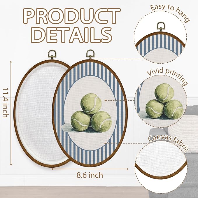 WULQYING Vintage Tennis Boy Nursery Wall Art Decor, Sports Room Oval Framed Canvas Art Prints, Blue Striped Tennis Ball Wall Hanging Decor for Kids Boys Room Bedroom Playroom, 8.6x11.4 Inches