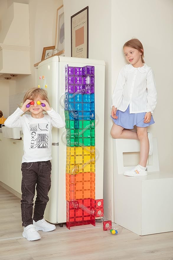 MEGAGONTILES Marble Run Magnetic Tiles Set 120PCS | STEM-Authenticated Magnetic Building Blocks with Marble Track Pieces | Educational Construction Toy for Kids Ages 3–8 (Boys & Girls)
